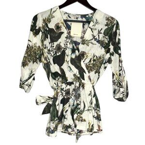 Giulia Dal Piano Size Medium NEW Linen Floral Surplice Blouse Roll Tab Belted